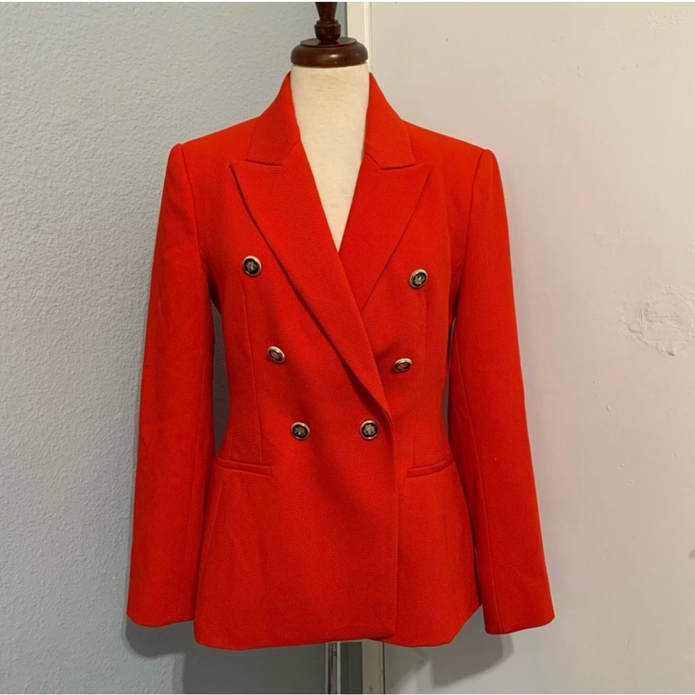 Zara Red Long Sleeves Lapel Collar Double Breasted Pique Blazer Size XS